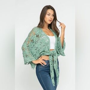 Raj Sage Green Crochet Tie-Front Sweater